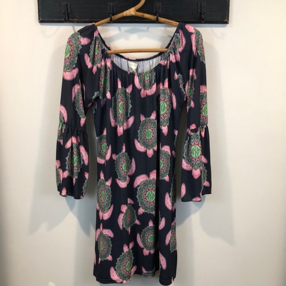 New Simply Southern Preppy Boho Turtle Bell Sleeves Dress Size Large - Picture 2 of 9
